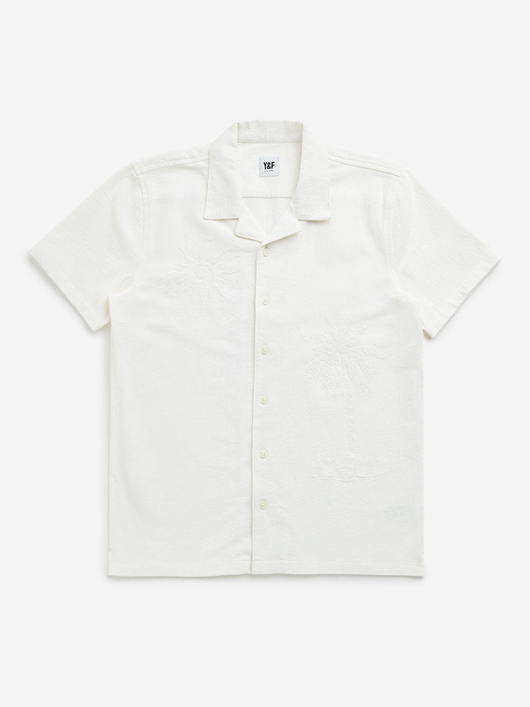 Y&F Kids Off-White Sun Embroidered Resort-Fit Cotton Shirt