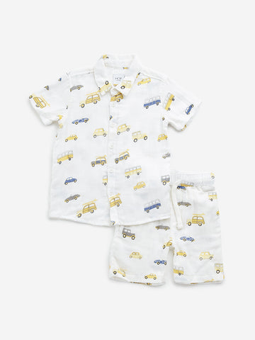 HOP Kids Off-White Vehicle Printed Cotton Shirt with Mid-Rise Shorts Set