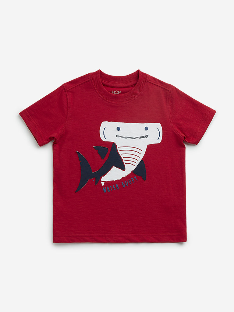 HOP Kids Red Funny Shark Embossed Cotton T-Shirt