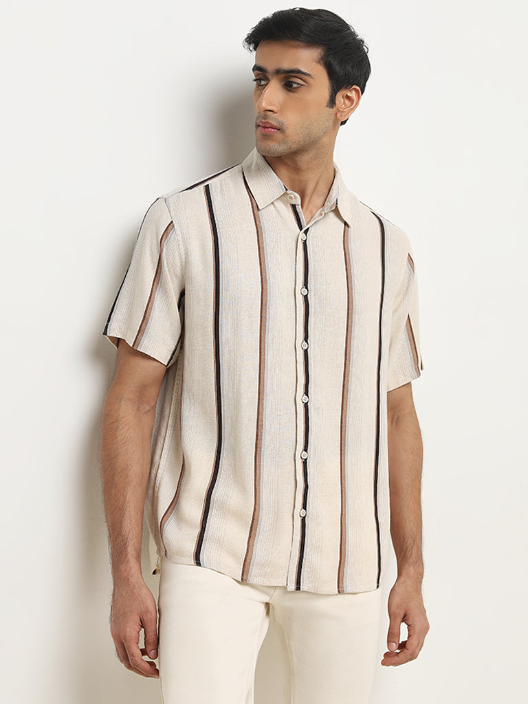 Ascot Beige Stripe Printed Relaxed-Fit Blended Linen Shirt