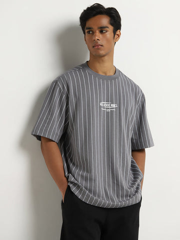 Studiofit Grey Stripe Printed Relaxed-Fit T-Shirt