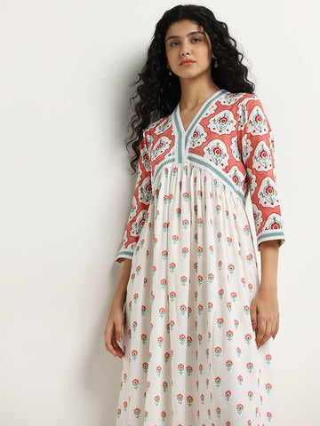 Bombay Paisley White Floral Design A-Line Dress