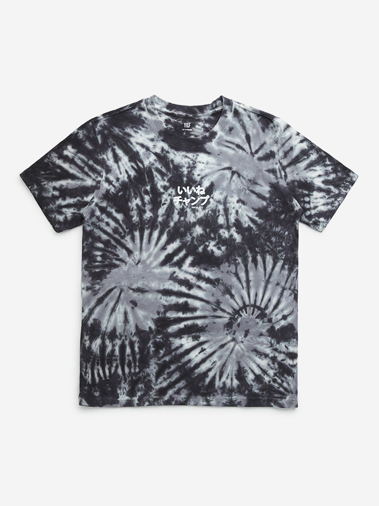 Y&F Kids Charcoal Tie-Dye Printed Cotton T-Shirt