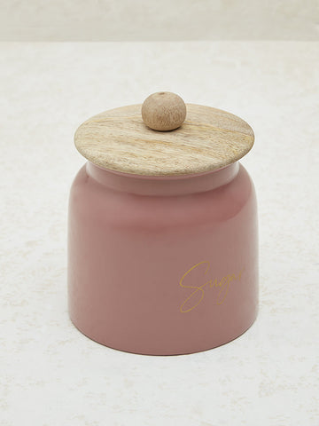 Westside Home Pink Text Design Sugar Jar with Wooden Lid