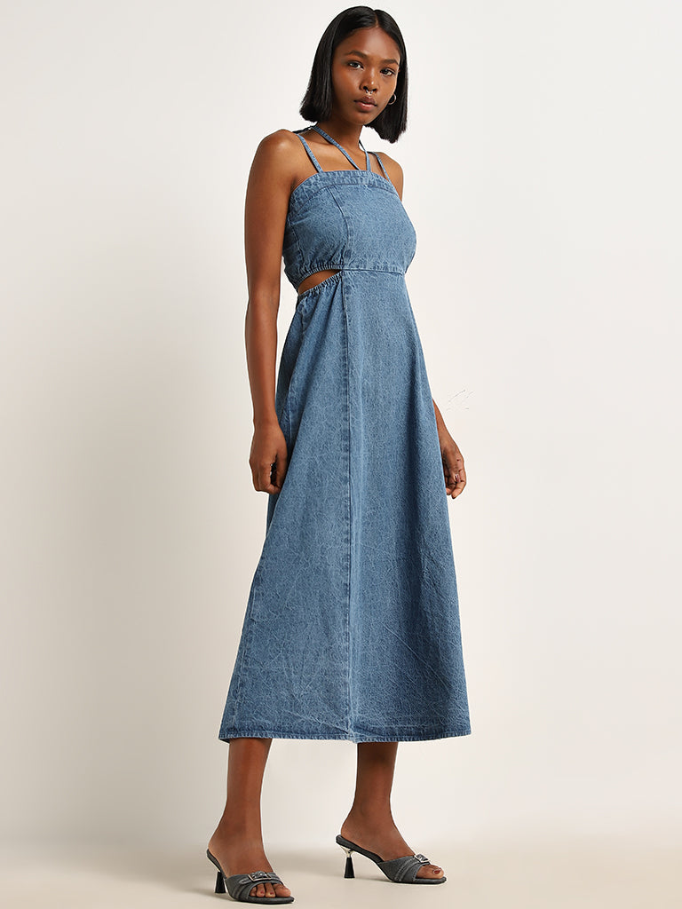 Nuon Blue Cut-Out Detailed Straight Denim Dress