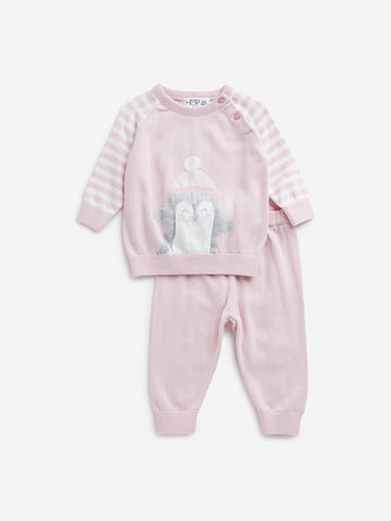 HOP Baby Light Pink Animal Design Cotton Sweater & Pants Set