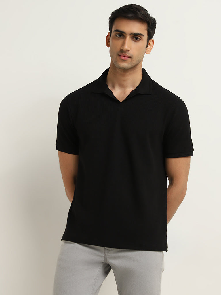 WES Casuals Black Knitted Relaxed-Fit Cotton Polo T-Shirt