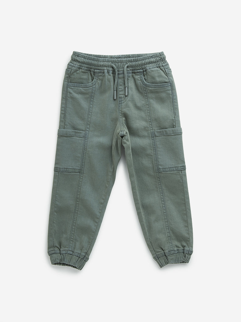 HOP Kids Olive Cargo-Style Mid-Rise Denim Joggers