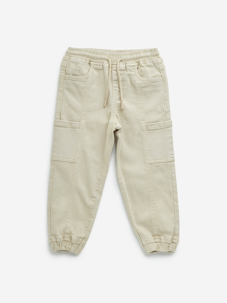 HOP Kids Beige Cargo-Style Mid-Rise Denim Joggers