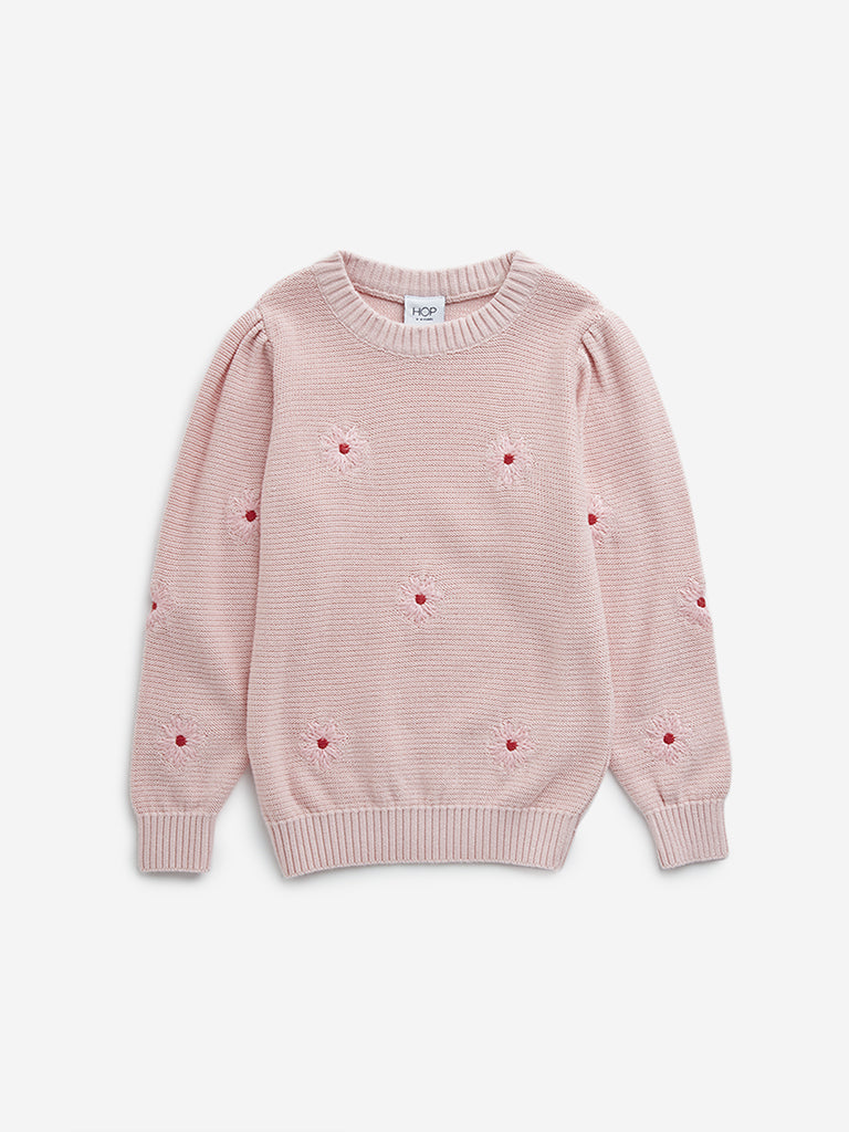 HOP Kids Pink Floral Embroidered Cotton Sweater