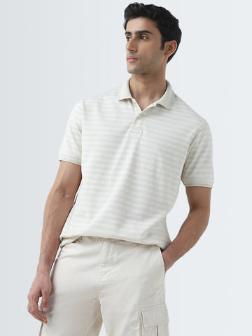 WES Casuals Beige Stripe Design Relaxed-Fit Polo T-Shirt