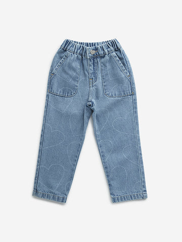 HOP Kids Blue Heart Printed Relaxed - Fit High - Rise Jeans