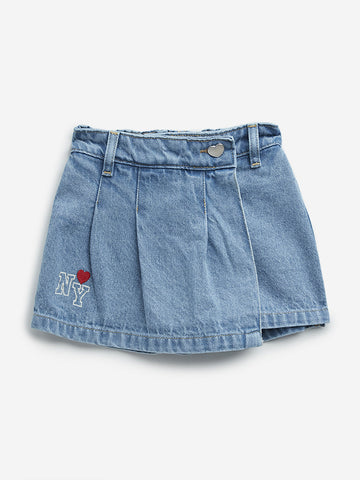 HOP Kids Light Blue Embroidered High-Rise Denim Skort