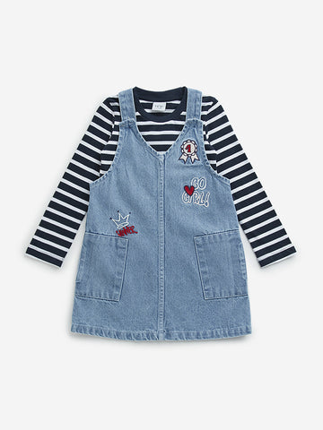 HOP Kids Light Blue Denim Dungaree with T-Shirt Set