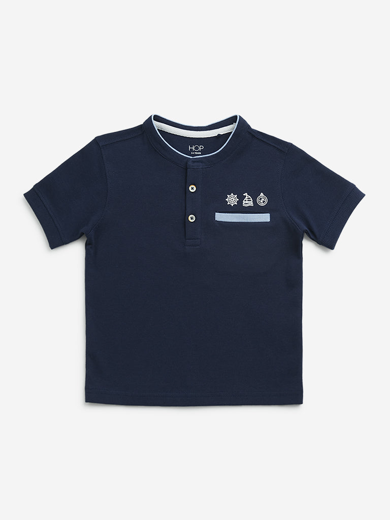 HOP Kids Navy Embossed Print Henley Cotton T-Shirt