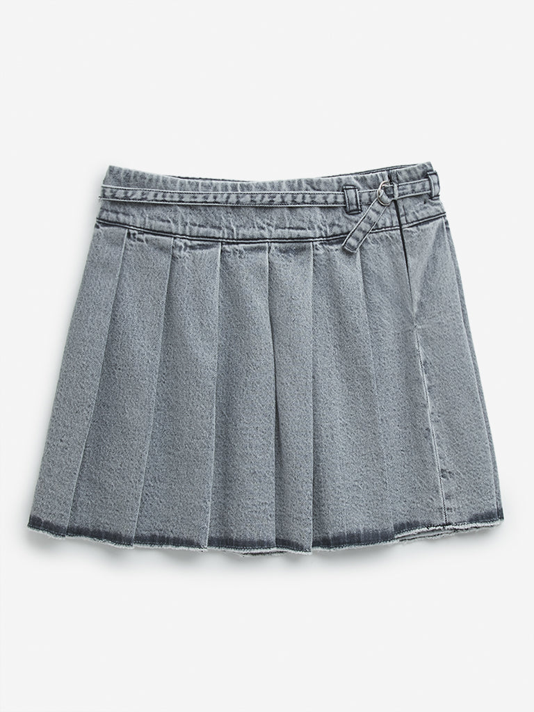 Y&F Kids Grey Box Pleated Mid-Rise Denim Skirt