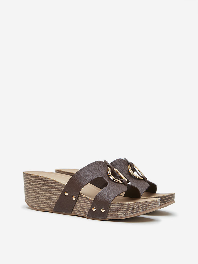 LUNA BLU Brown Metal-Detailed Wedge-Heel Sandals