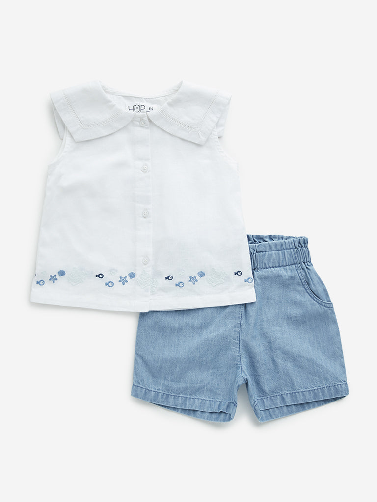 HOP Baby White Embroidered Cotton Shirt with Shorts Set