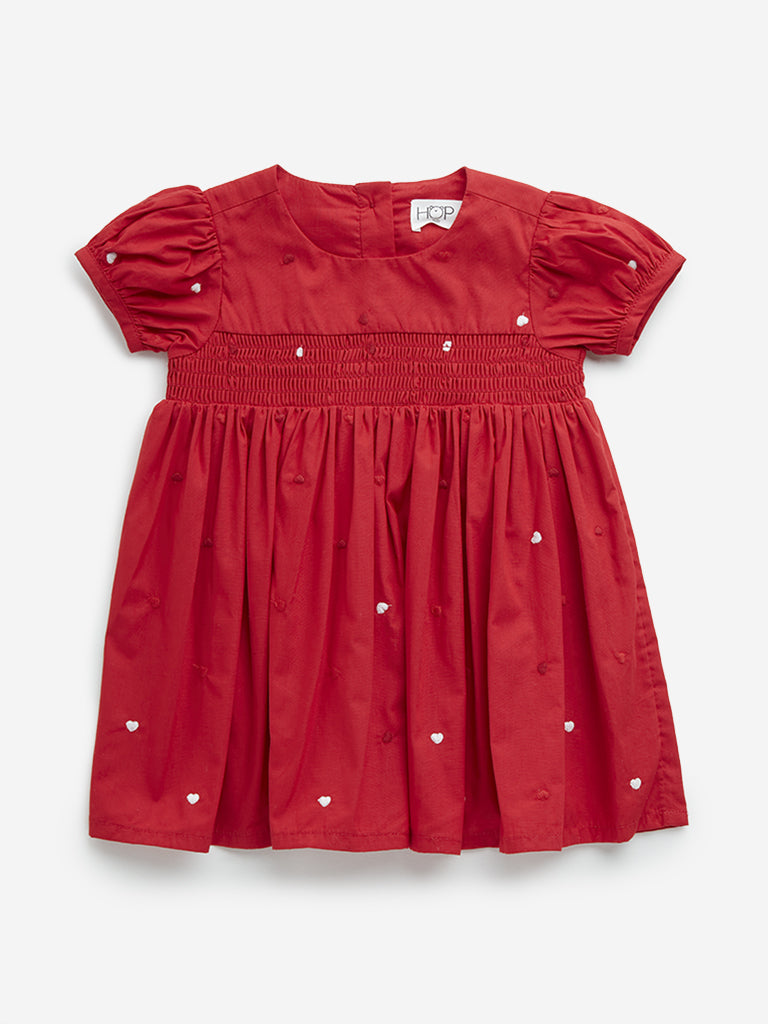 HOP Baby Red Hearts Embroidered Empire Line Cotton Dress