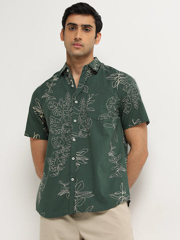 WES Casuals Dark Green Leaf Printed Slim-Fit Cotton Shirt