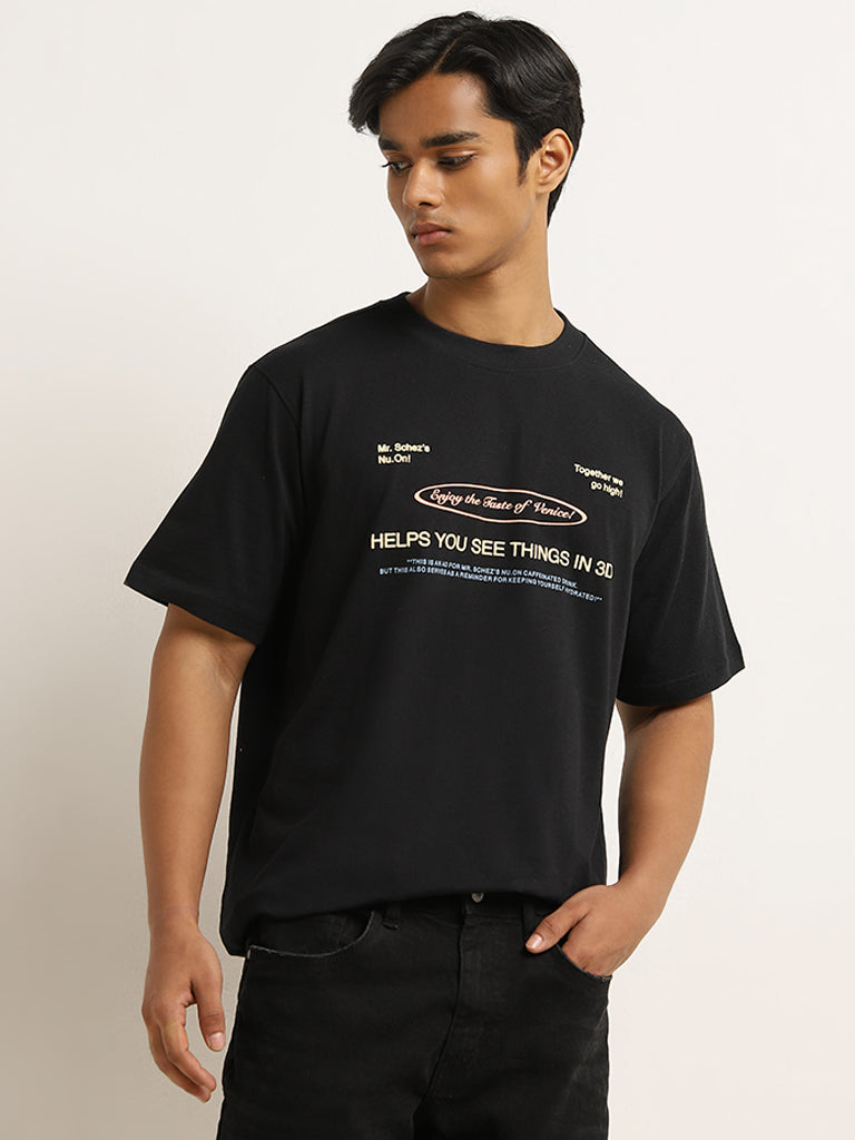 Nuon Black Text Printed Relaxed-Fit Cotton T-Shirt