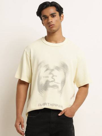 Nuon Light Yellow Text Print Relaxed-Fit Cotton T-Shirt