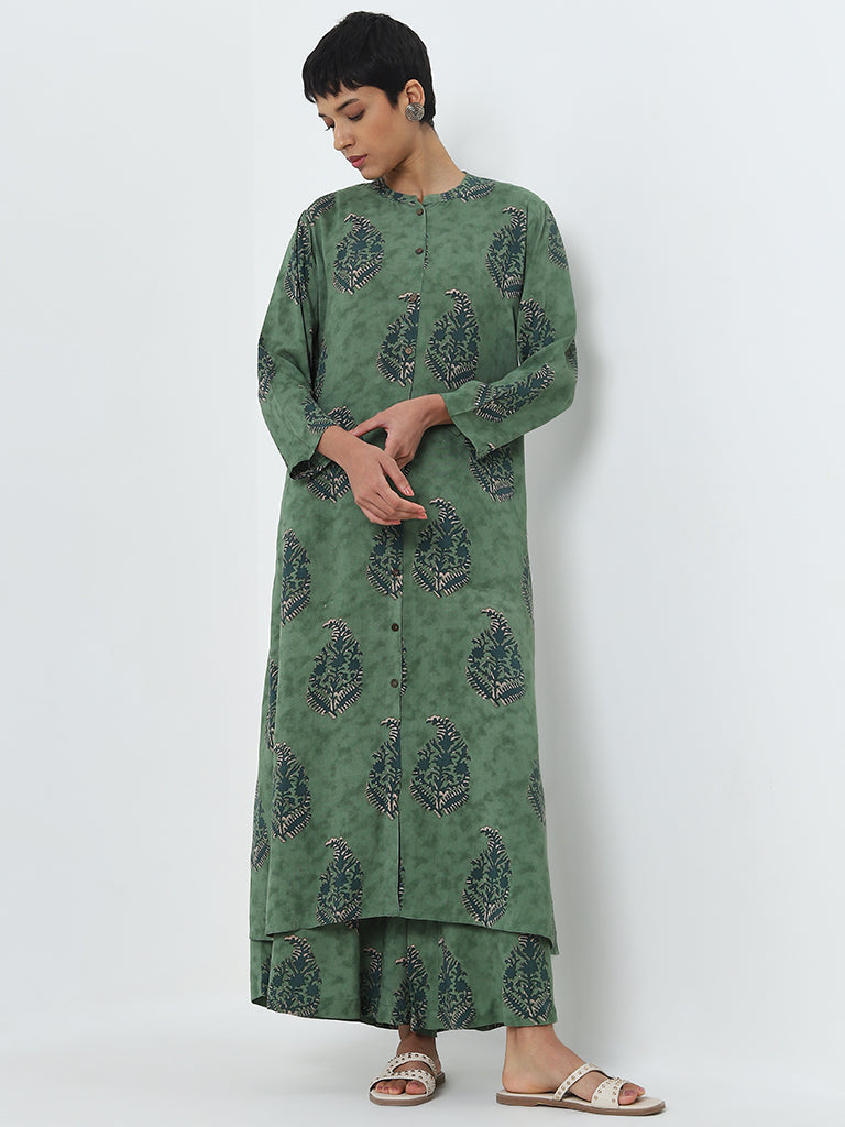 Utsa Green Printed A-Line Cotton Kurta