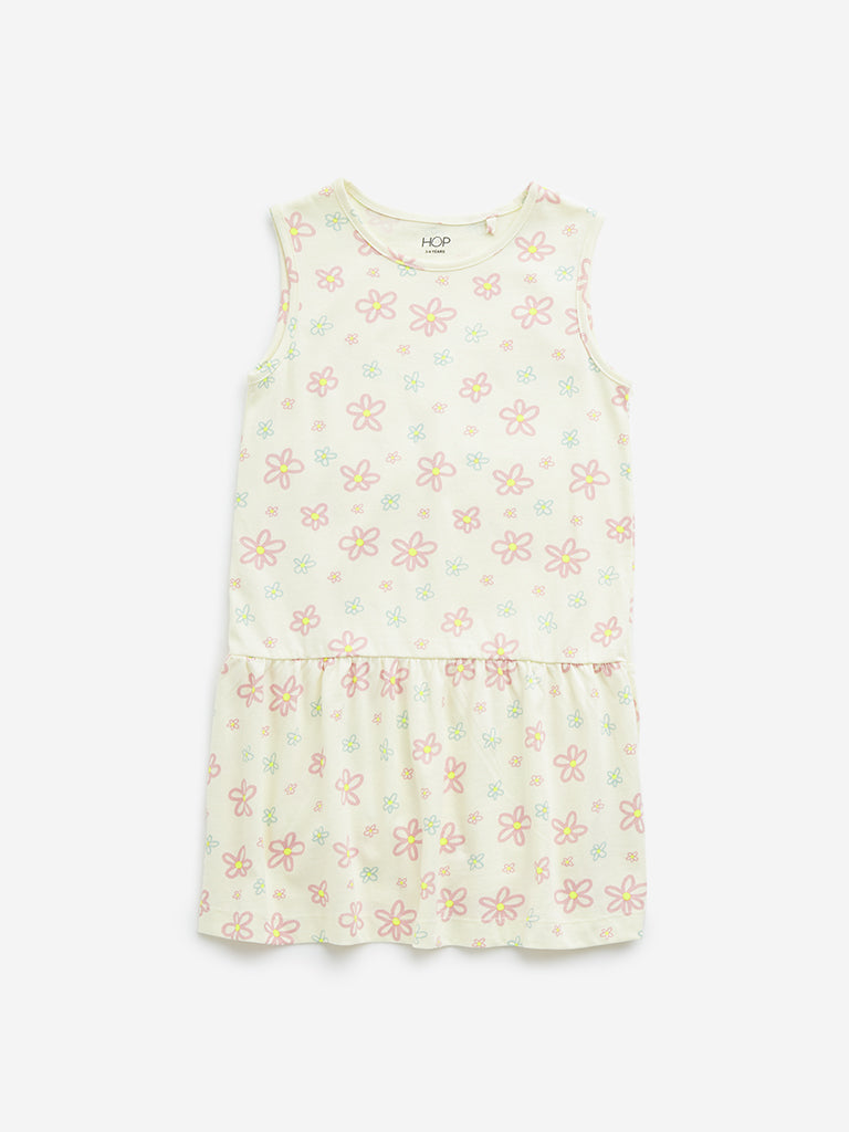 HOP Kids Light Yellow Floral Printed Drop-Waist Cotton Dress