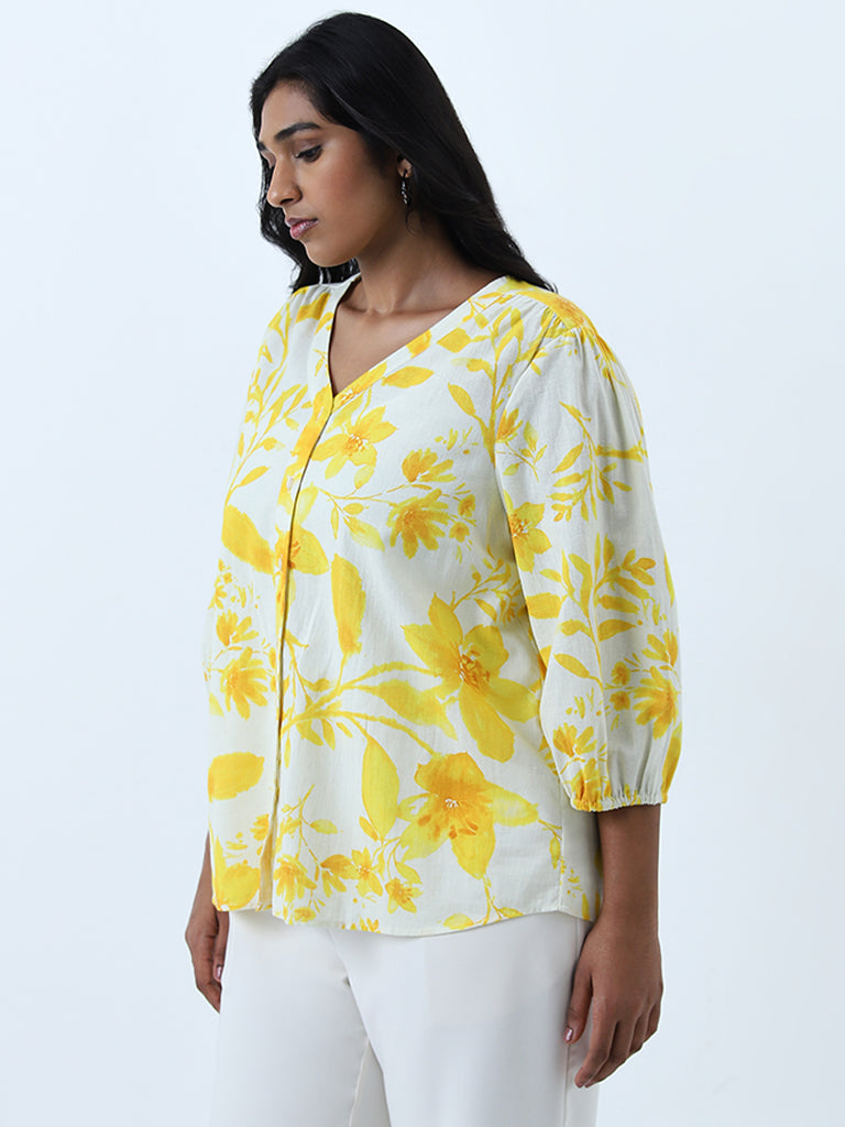 Gia Yellow Floral Printed Cotton Blend Blouse