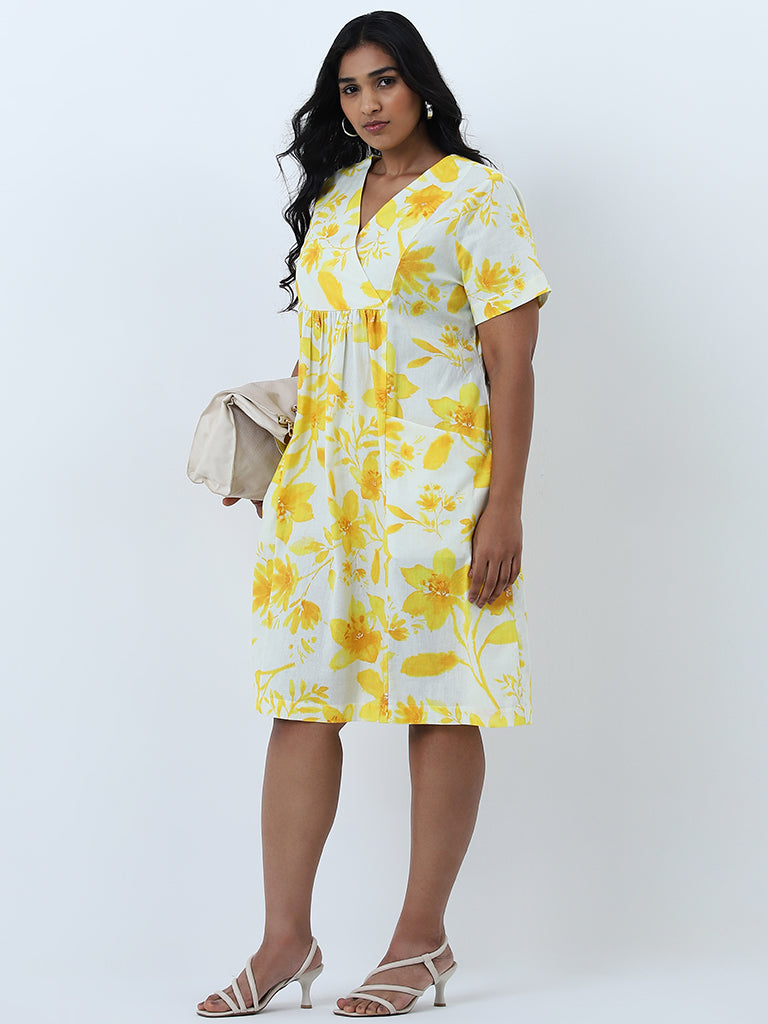 Gia Yellow Floral Printed Straight Cotton Blend Dress