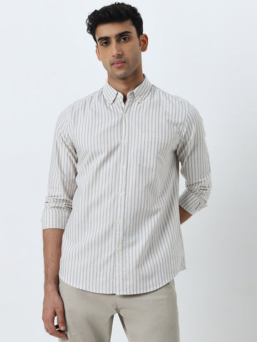 WES Casuals Off-White Striped Slim-Fit Cotton Shirt