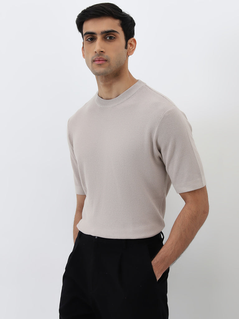 WES Formals Light Taupe Solid Slim-Fit Cotton T-Shirt