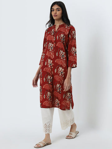 Utsa Red Floral Printed Straight Cotton Kurta