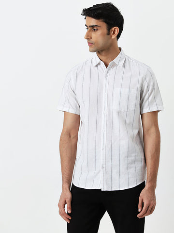 WES Casuals White Striped Slim-Fit Shirt