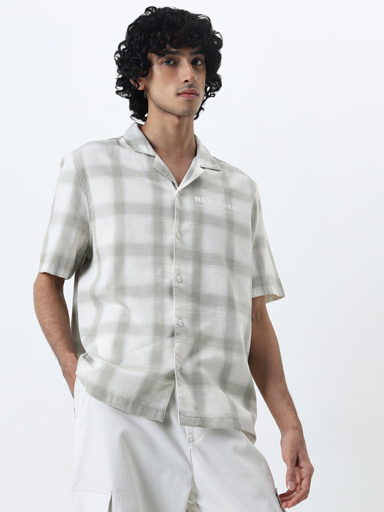 Nuon Sage Checkered Print Relaxed-Fit Cotton Shirt