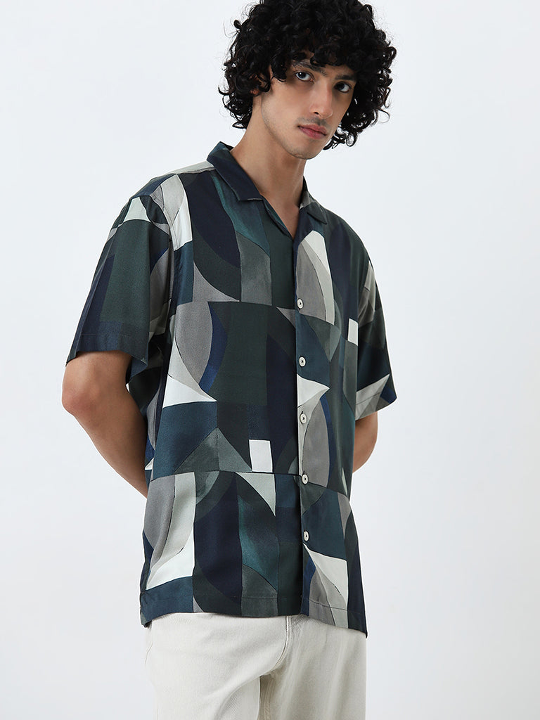 Nuon Olive Abstract Printed Relaxed-Fit Shirt