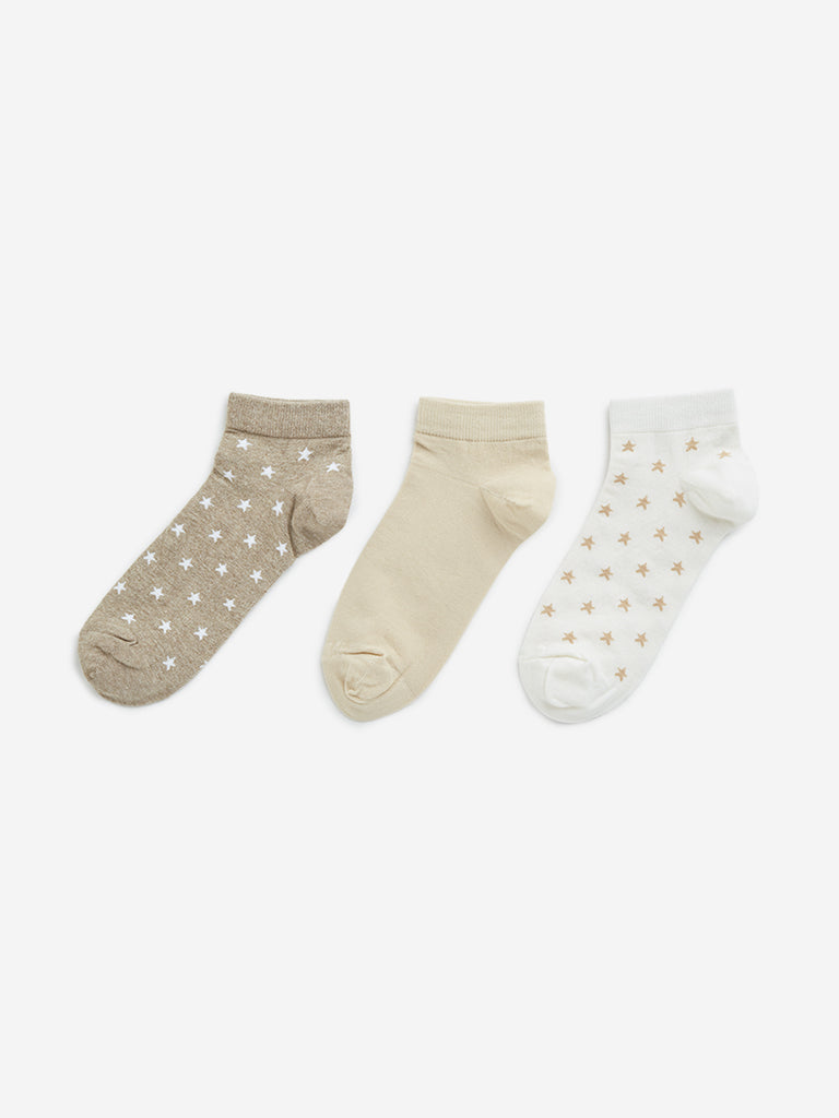 Y&F Kids Beige Star Printed Socks - Pack of 3