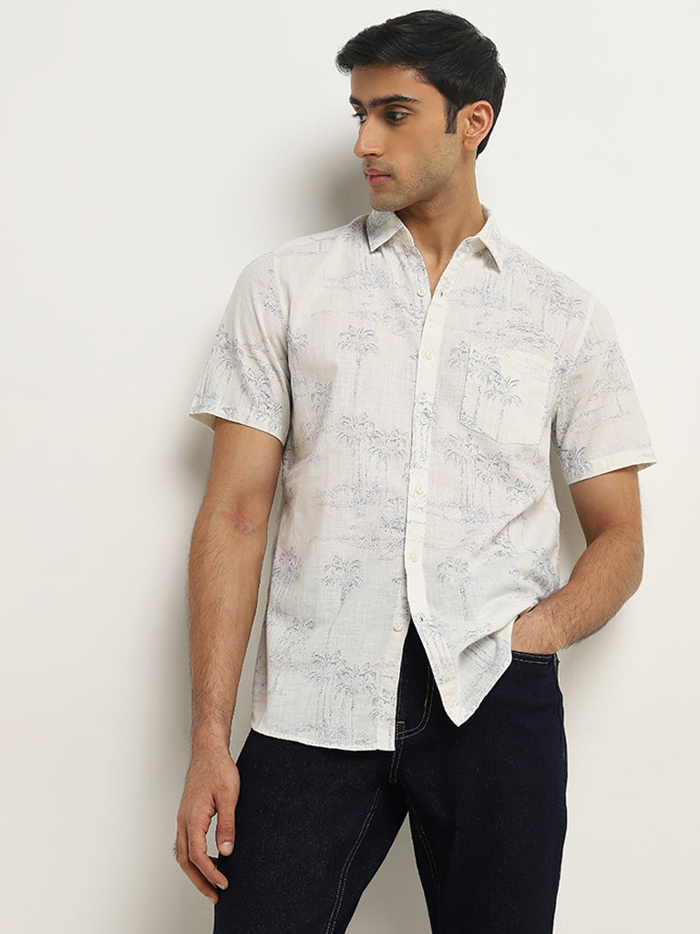 WES Casuals White Tropical-Inspired Slim-Fit Cotton Shirt