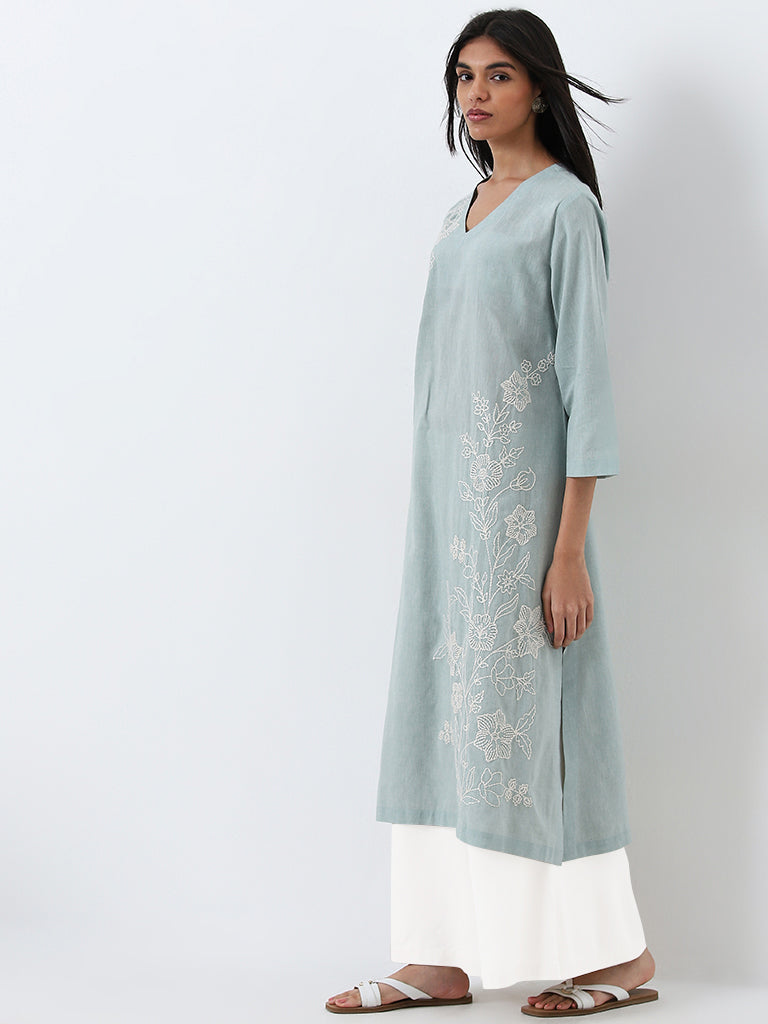 Utsa Light Blue Floral Embroidered A-Line Cotton Kurta