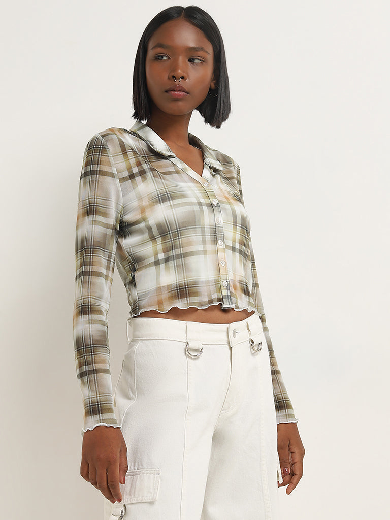 Nuon Olive Checkered Printed Mesh Shirt