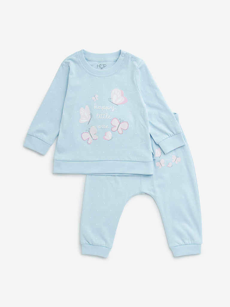 HOP Baby Blue Butterfly Printed Cotton T-Shirt & Pants Set