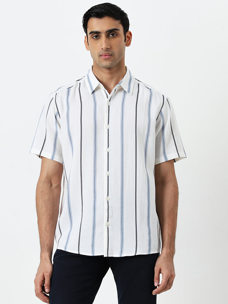 Ascot Off-White Striped Blended Linen Relaxed-Fit Shirt