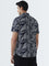 WES Casuals Navy Leaf Design Slim-Fit Cotton Shirt