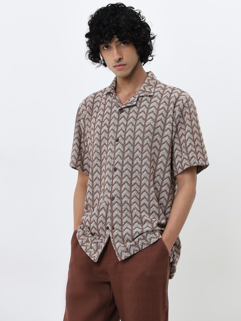 ETA Brown Chevron Printed Relaxed-Fit Shirt