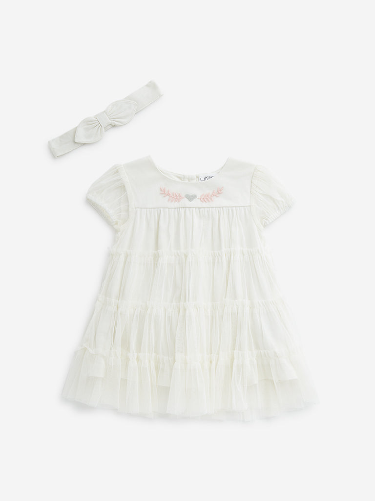 HOP Baby White Tiered Empire-Line Dress with Hairband