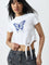 Nuon White Printed Cotton Blend Cropped T-Shirt