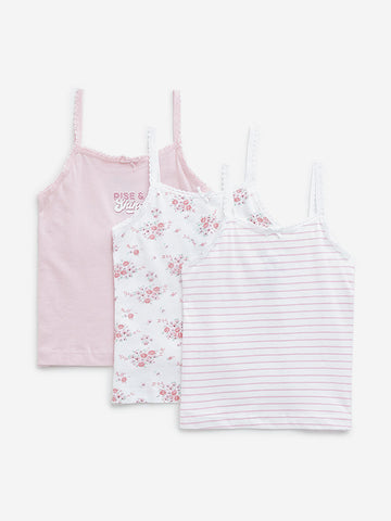 HOP Kids Pink Printed Cotton Camisoles - Pack of 3