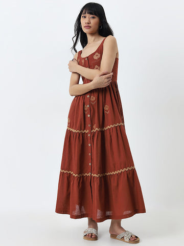 Bombay Paisley Dark Brown Embroidered Tiered Cotton Dress