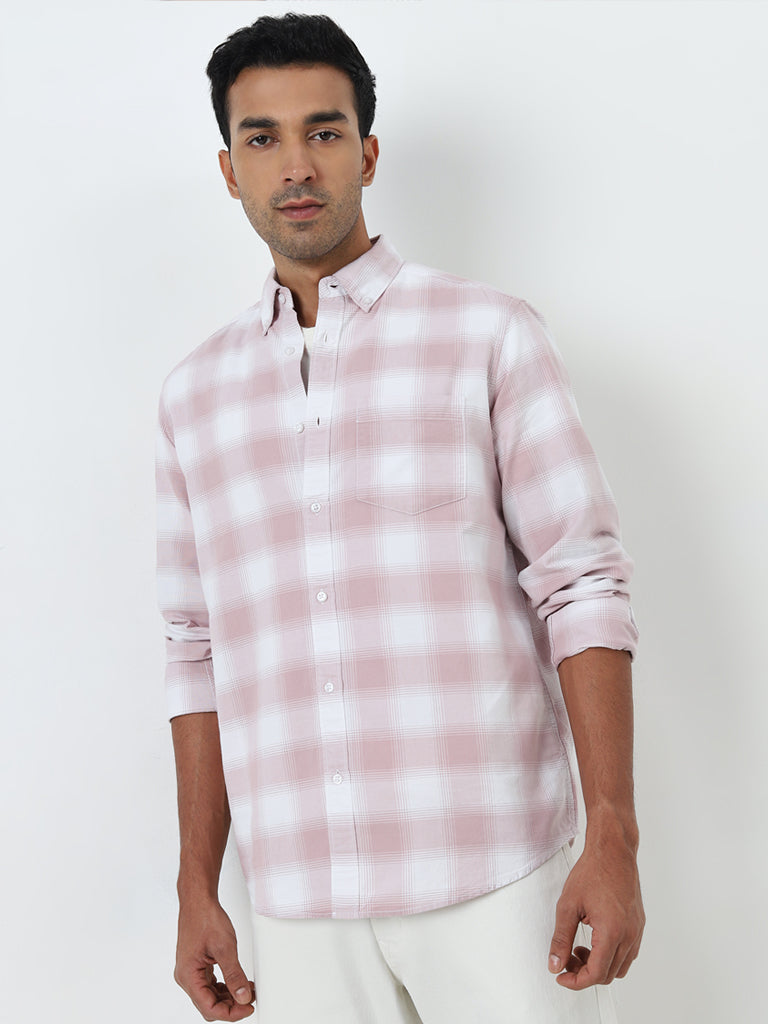 WES Casuals Light Pink Checks Design Relaxed-Fit Cotton Shirt