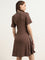 Studiofit Brown Ribbed-Textured Skater Cotton Blend Dress